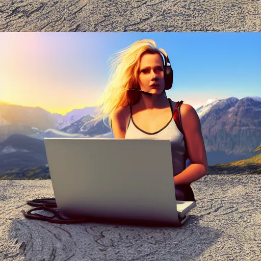 Image similar to photorealistic illustration of beautiful girl working on black laptop at old van on nature, long blonde hair, blue eyes, headphones, sunset at mountains, high detailed, octane render, Pasquale Scionti on Artstation