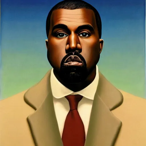 Image similar to very detailed portrait of kanye west. painted by rene magritte, 1 9 2 7. oil on canvas.