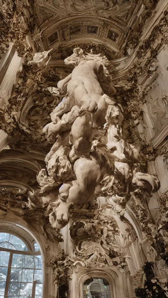 Image similar to an old detailed huge rabbit statue in botanical room by bernini, cinematic, detailed