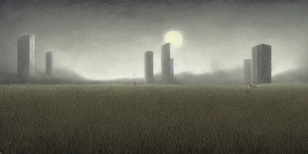 Prompt: a tall building over a grass field at night, game background, illustration, detailed, smooth, soft, warm, by Adolf Lachman, Shaun Tan, Surrealism