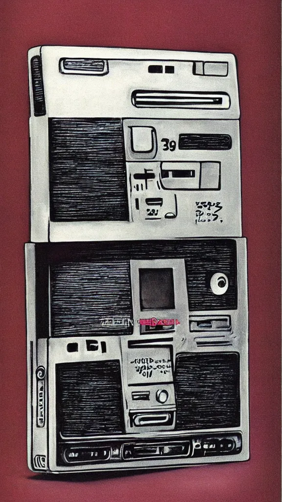 Prompt: 1 9 8 0 s airbrush surrealism illustration of a brutalist cassette walkman by dennis magdich