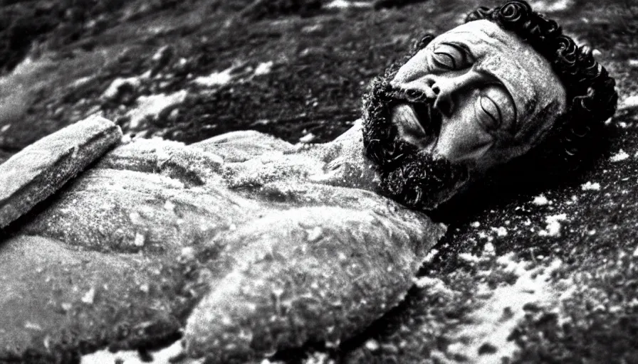 Prompt: 1 9 6 0 s movie still close up of marcus aurelius ill frozen to death under the snow by the side of a river with gravel, pine forests, cinestill 8 0 0 t 3 5 mm, high quality, heavy grain, high detail, texture, dramatic light, anamorphic, hyperrealistic, detailed hair, bright sun