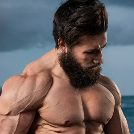 Image similar to extremely muscular man with a beautiful square chin, thick white bushy beard!, jet black long flowing hair!!!, wearing a tunic that exposes one side of the chest, cinematic, volumetric lighting, f 7 aperture - w 5 1 2