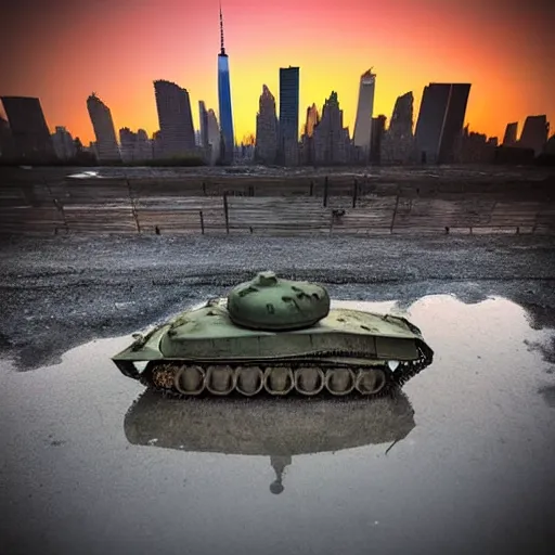 Prompt: low angle shot, tank in front of the destroyed new york skyline, reflections, award winning photograph, sunset, desolate, atmospheric