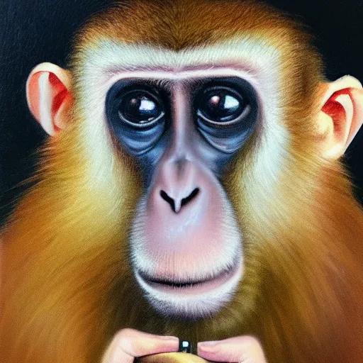 Image similar to Portrait of Monkey holding a camera, oil painting