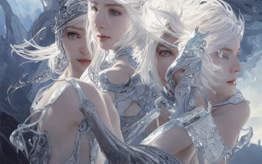 Prompt: white hair knights of zodiac girl, sliver ice color reflected armor, taekwondo vs fighting in ruined agora of athens sunrise, ssci - fi and fantasy, intricate and very very beautiful and elegant, highly detailed, digital painting, artstation, concept art, smooth and sharp focus, illustration, art by tian zi and wlop and alphonse mucha