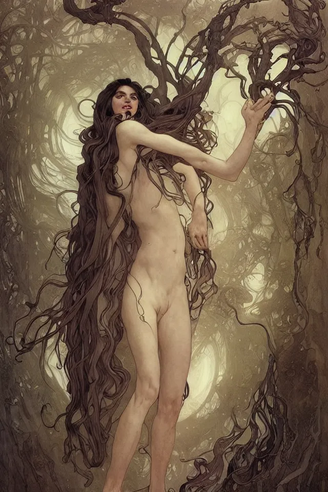 Image similar to skinny male fantasy scientist, long dark hair, 1 9 2 0, ethereal, graceful, elegant, highly detailed, intricate, smooth, sharp focus, artstation, digital paining, concept art, art by peter mohrbacher, ivan bilibin, artem demura, alphonse mucha, artgerm, valentina remenar, cedric peyravernay