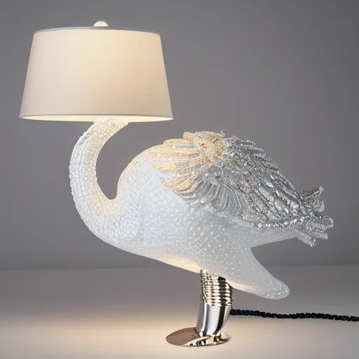 Image similar to luxury table lamp with a swan shape, intricate details, designed by swarovski