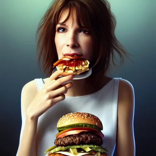 Prompt: portrait of Carly Simon eating big mac hamburgers, extra onions and ketchup, hyperdetails, displacement mapped octane render, luscious patty with sesame seeds, ethereal, handsome, D&D, fantasy, intricate, elegant, highly detailed, digital painting, artstation, concept art, matte, sharp focus, illustration, art by Artgerm and Greg Rutkowski and Alphonse Mucha