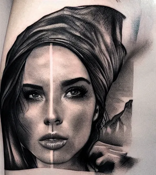 Prompt: a beautiful woman face against a background of beautiful mountains, tattoo design sketch, amazing blend effect, hyper - realistic, in the style of matteo pasqualin, amazing detail, black and white
