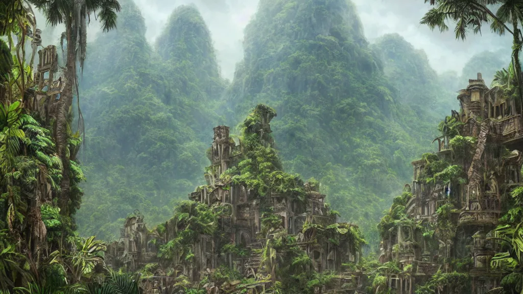 Image similar to Trending on artstation, beautiful jungle ruins lost city, detailed matte painting, oil on canvas