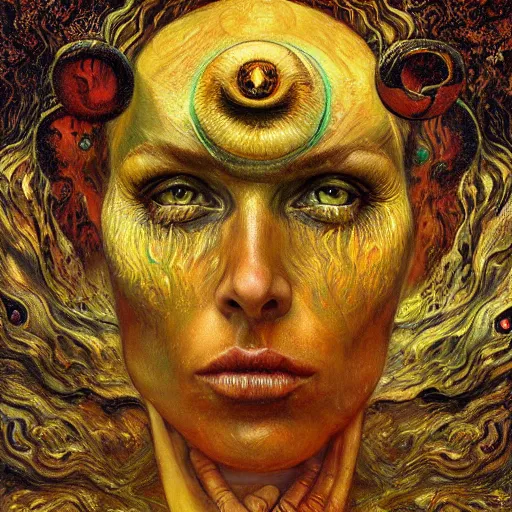 Image similar to Visions of Hell by Karol Bak, Jean Deville, Gustav Klimt, and Vincent Van Gogh, nightmare portrait, infernal, visionary, otherworldly, fractal structures, ornate gilded medieval icon, third eye, hellfire, stygian, spirals