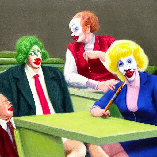 Image similar to a highly detailed beautiful portrait close up hyper realistic painting of british members of parliament in the house of commons wearing pastel coloured clown costumes with pleasant oversized joyful faces, they are smoking. in the style of edward hopper, richard hamilton. concept art. green leather benches. photographic. concept. crisp digital art. no artefacts. desaturated. high fidelity facial portrait. 8 k