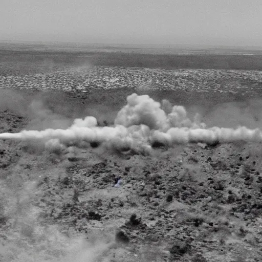 Image similar to combat drone strike war footage, black and white with green tint, very high contrast, nuclear cloud, high angle vertical, dirty, grainy, bad drone camera