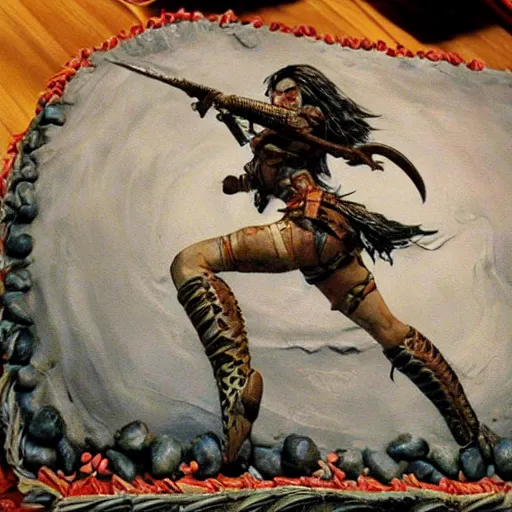 Image similar to shield maiden jumping out of birthday cake, intricate detail, royo, klimt, miro, vallejo, frazetta, giger, whealan, hd, unreal engine,