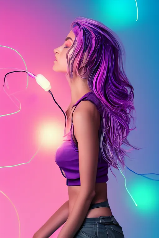 Image similar to a award winning half body portrait of a beautiful woman in a croptop and cargo pants with ombre purple pink teal hairstyle and hands in pockets by ari liloan, surrounded by whirling illuminated lines, outrun, vaporware, shaded flat illustration, digital art, trending on artstation, highly detailed, fine detail, intricate