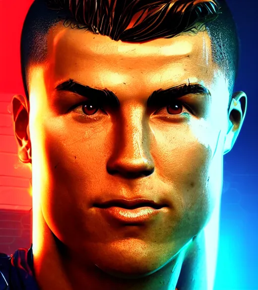 Image similar to glowwave portrait of cristiano ronaldo from borderlands 3, au naturel, hyper detailed, digital art, trending in artstation, cinematic lighting, studio quality, smooth render, unreal engine 5 rendered, octane rendered, art style by klimt and nixeu and ian sprigger and wlop and krenz cushart.