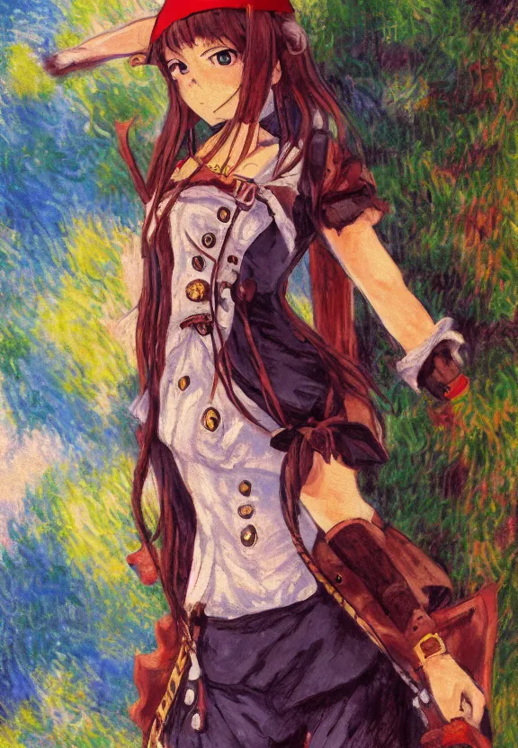 Prompt: wide angle painting of a teenage pirate girl, a thrifty uniform, somewhat of an anime in impressionist style, trending artwork, illustrated in anime painter studio, by claude monet and an anime artist, collaboration