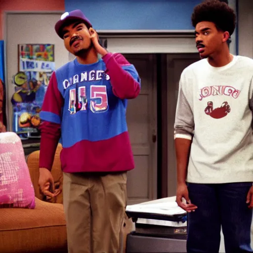 Image similar to a tv still of Chance The Rapper starring as a black college student at Jones College Prep in a 1993 sitcom