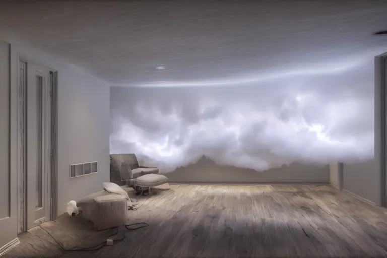 Prompt: a mini thunderstorm cloud inside a room, wide angle, photorealistic, cinematic lighting, high detail, cinematic feel, high octane, 4K, Unreal Engine