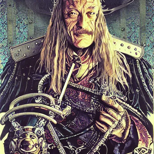 Prompt: portrait of crazy captain hector barbossa, symmetrical, by yoichi hatakenaka, masamune shirow, josan gonzales and dan mumford, ayami kojima, takato yamamoto, barclay shaw, karol bak, yukito kishiro