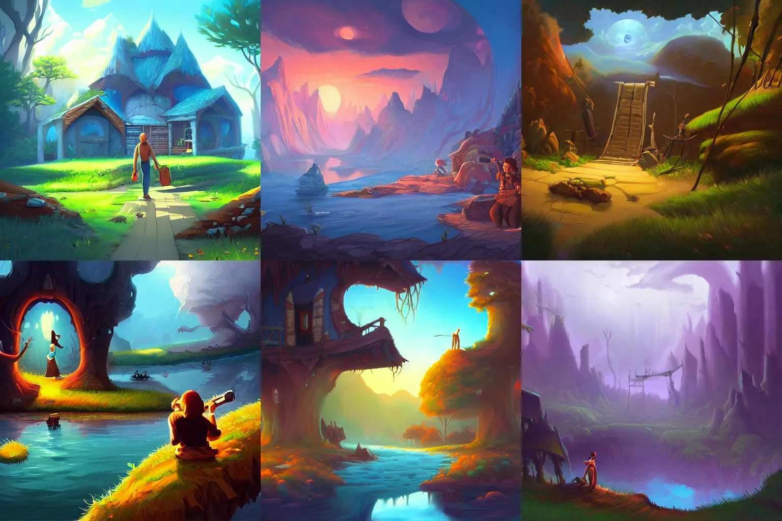 Prompt: point and click adventure game background fantasy digital painting by rhads