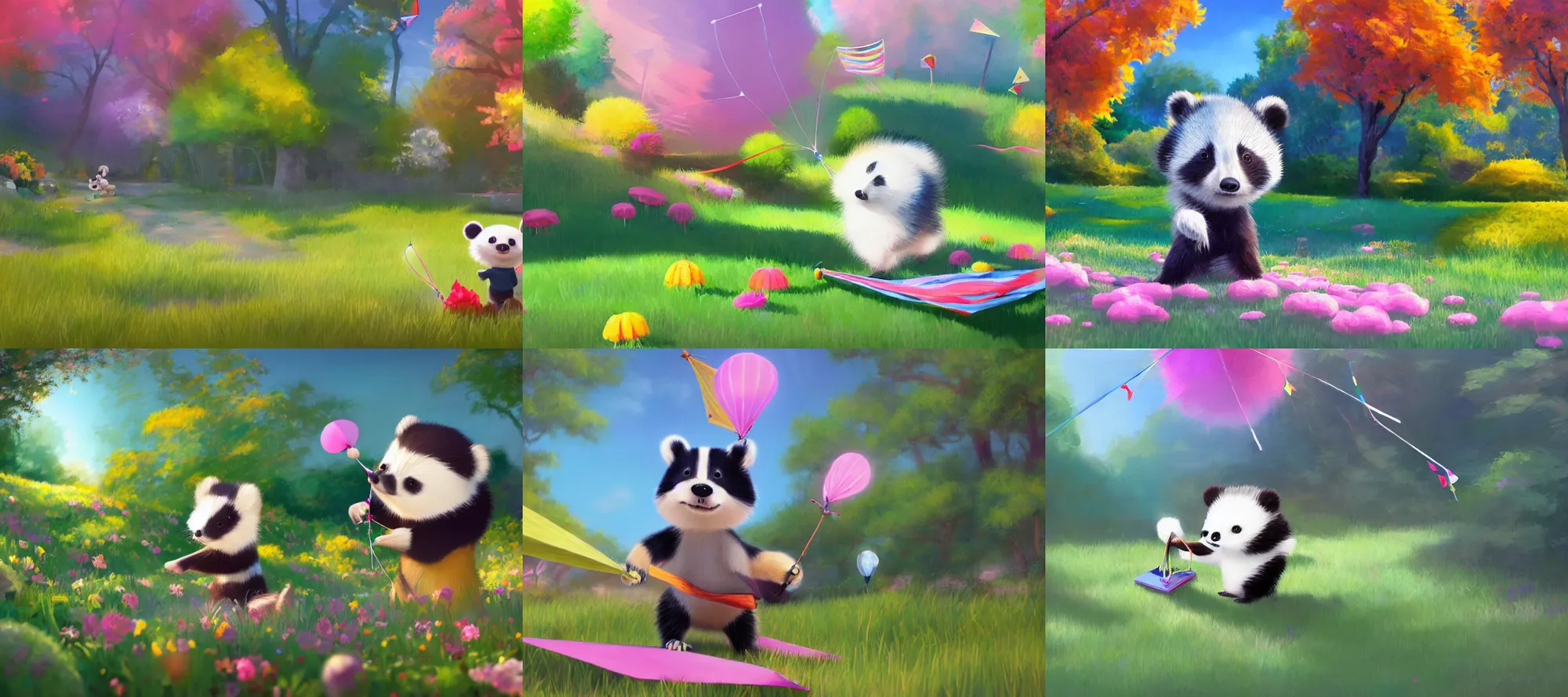 Prompt: colorkey painting, at the park, bright bloom, bounce light, rough brush strokes, Daisuke Tsutsumi, Robert Kondo, cute fluffy badger flying a kite, Pixar and Disney animation, cosy