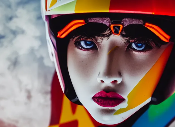 Image similar to medium close up portrait of extremely beautiful photo of a white marble statue of an anime girl with colorful motocross logos and motorcycle helmet with closed visor, colorful smoke in the background, carved marble statue, fine art, neon genesis evangelion, virgil abloh, offwhite, denoise, highly detailed, 8 k, hyperreal