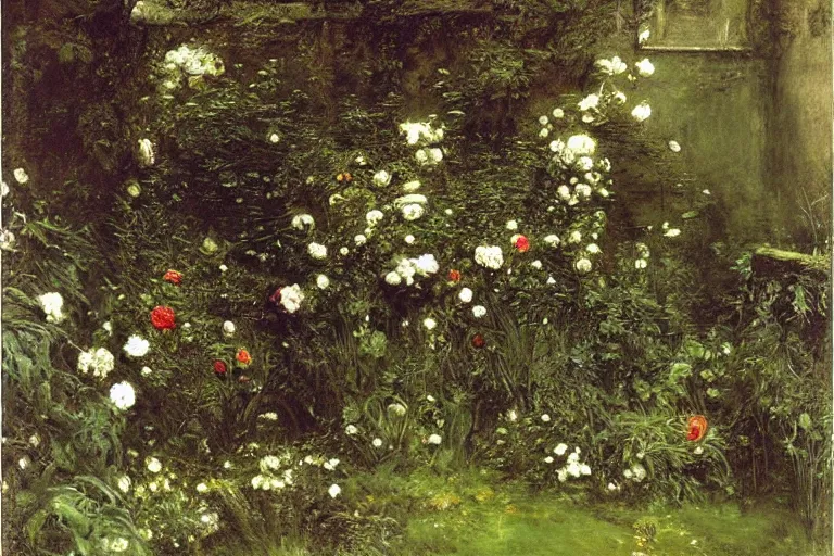 Image similar to secret garden, lush, floral, botanical, romanticism, dark, moody, john everett millais