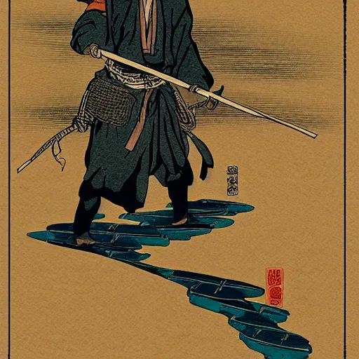 Image similar to by hokusai, samurai man vagabond, the samurai holds chains, detailed, editorial illustration, matte print, concept art, ink style, sketch, digital 2 d