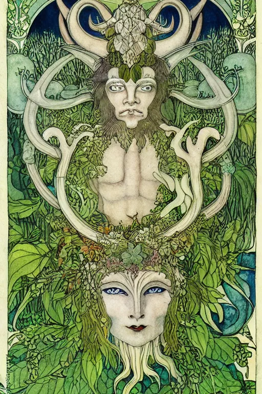 Image similar to god corunnus, horned god, green man, realistic face of horned man in a frame of foliage, detailed art by kay nielsen and walter crane, illustration style, watercolor