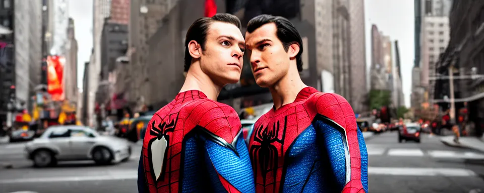 Image similar to spider - man and superman meet in new york city street, high res, shallow depth of field, realistic image