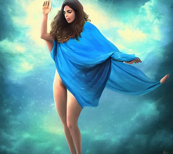 Image similar to beautiful astonishing mystical creature with beautiful body shape wearing a magic blue blanket and flying through the air, digital art