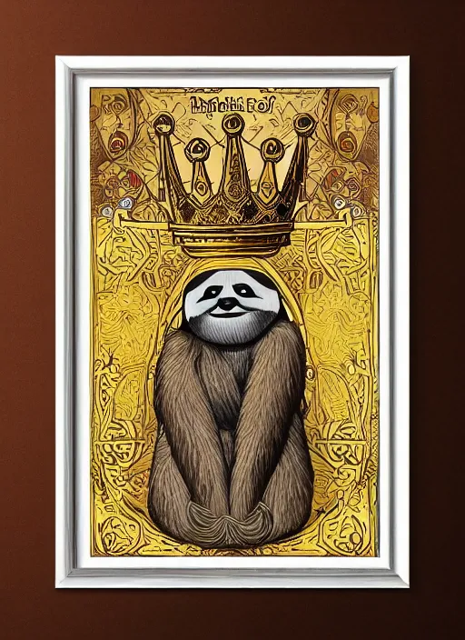 Image similar to sloth as the king of cups, copper cup, coper crown, poster framed, intricate details, medieval art style, high contrast, posterized