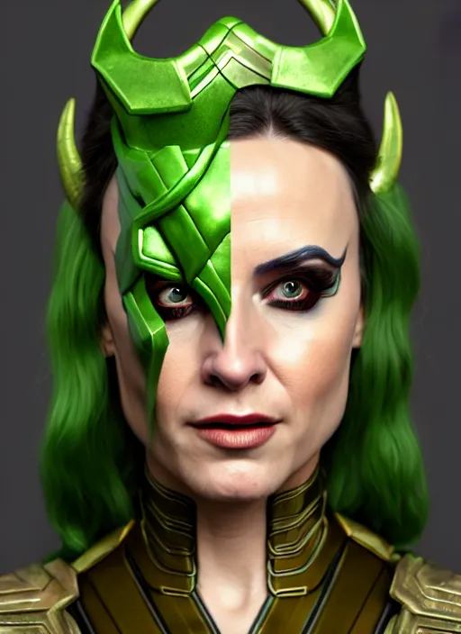 Prompt: Billie as Female Loki, Goddess of Mischief, sci fi, elegant, olive skin color, hyper realistic, hyper detail, very detailed, digital art, trending on artstation, smooth render, 8k blender render,