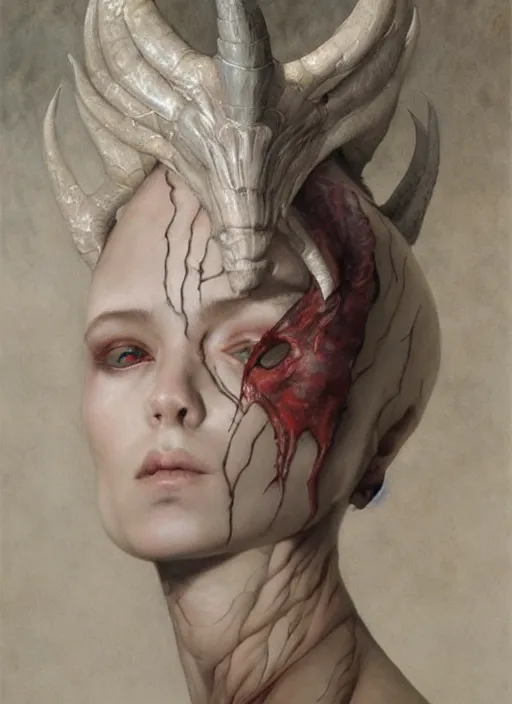 Image similar to half demon half human intricate skin pattern texture, elegant, peaceful, full body, white horns, hyper realistic, extremely detailed, dnd character art portrait, fantasy art, intricate fantasy painting, dramatic lighting, vivid colors, deviant art, artstation, by edgar maxence and caravaggio and michael whelan and delacroix.