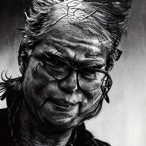 Image similar to Yoshitaka Amano realistic illustration of jeb bush ,hair fluttering in the wind, cracks on his face wearing Elden ring armour with engraving, abstract black and white patterns on the background, noisy film grain effect, highly detailed, Renaissance oil painting, weird portrait angle, blurred lost edges, three quarter view