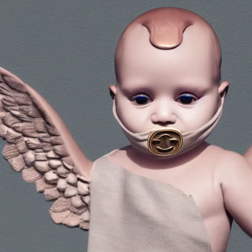 Prompt: a high tech 3 d rendering of a a baby cherub angel wearing a balaclava face mask, ski mask, face covered, gucci, chanel, covered face, fixed eyes, tattoos, multiple gold cuban chain necklace, graffiti in background octane render, blender