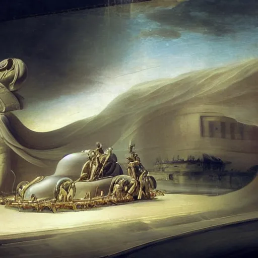 Image similar to sci-fi car dynamic organic forms structure car and wall structure in the coronation of napoleon painting by Jacques-Louis David ceramic cloudy plastic material shiny gloss water reflections search pinterest keyshot product render 4k