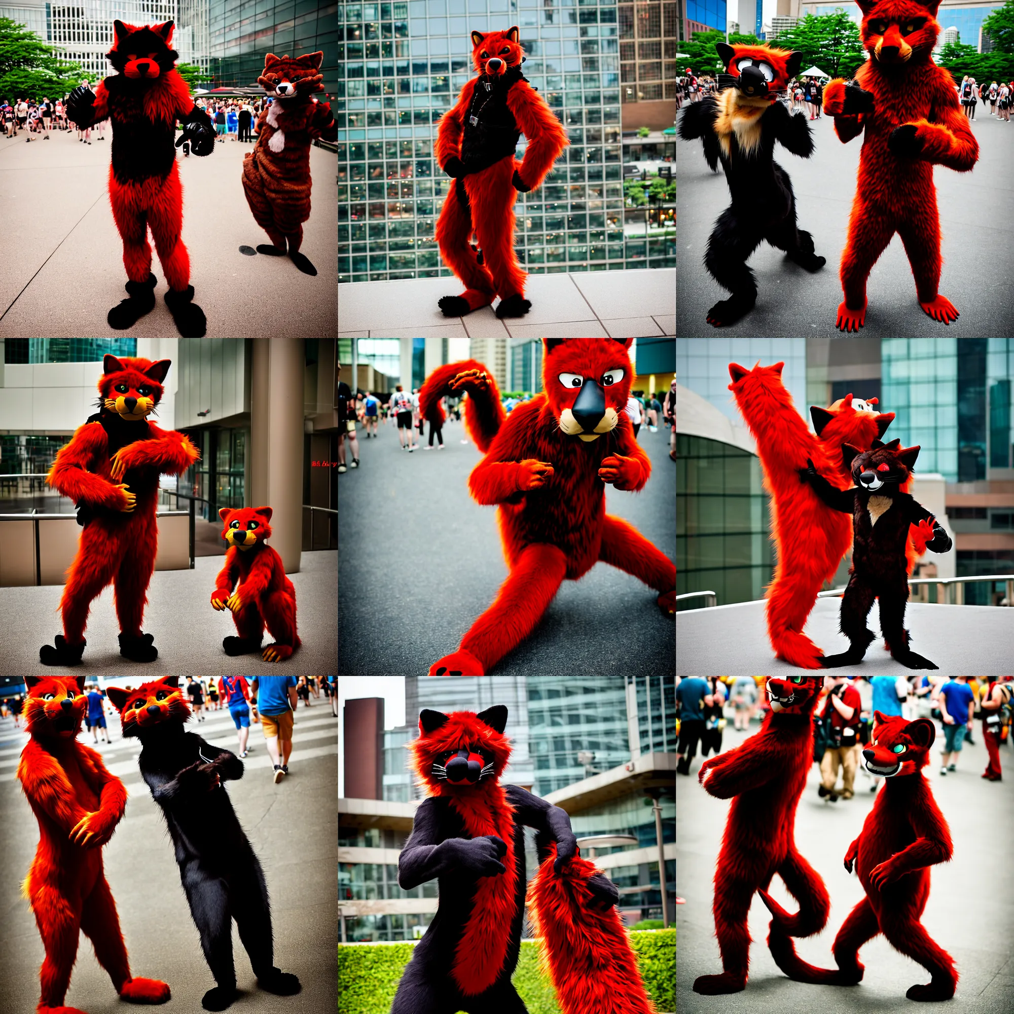 Prompt: fullbody photoshoot photo portrait of a roguish male red - black furred bipedal weasel furry fursuiter ( with tail ), taken at anthrocon ( furry convention )