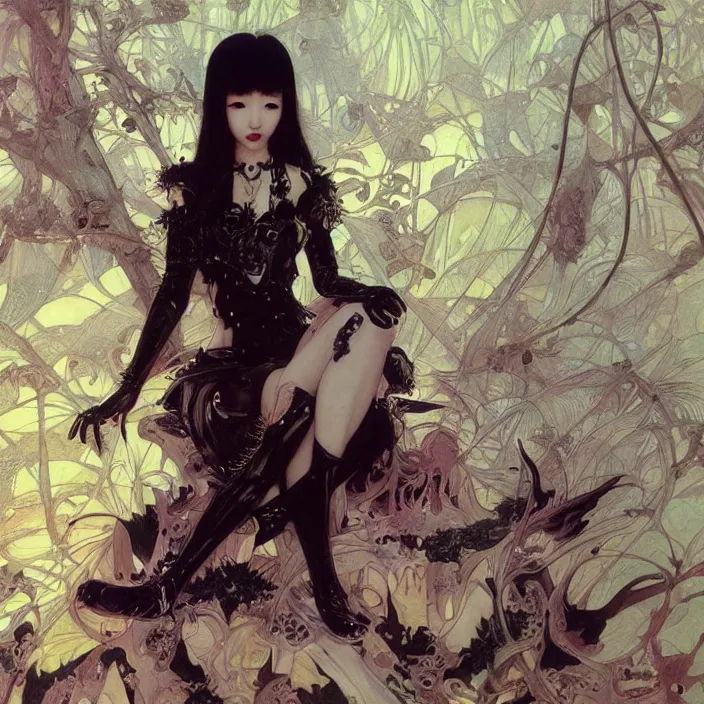 Prompt: korean goth girl, full body, spikes, latex, rubber, rococo, anime aesthetic, chibi, hyperrealistic, detailed, smooth, very smooth, brushwork, digital painting, sharp focus, concept art, fantasy, by james gurney, by alphonse mucha, by bruce pennington, by annie leibovitz
