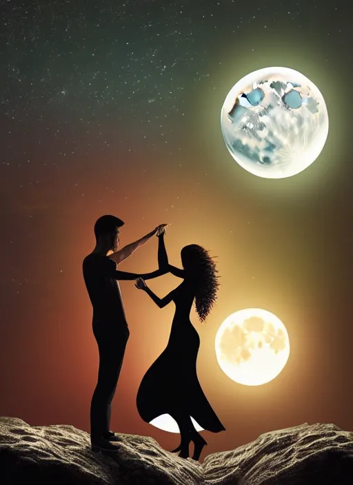 Prompt: a beautiful silhouttee of couple against full moon, wide angle shot, professionally retouched, soft lighting, realistic, on the mountains, sharp focus, 8 k high definition, insanely detailed, intricate, art by artgerm and wlop