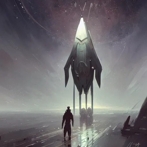 Image similar to concept art of a large space vessel in the shape of an spear by greg rutkowski