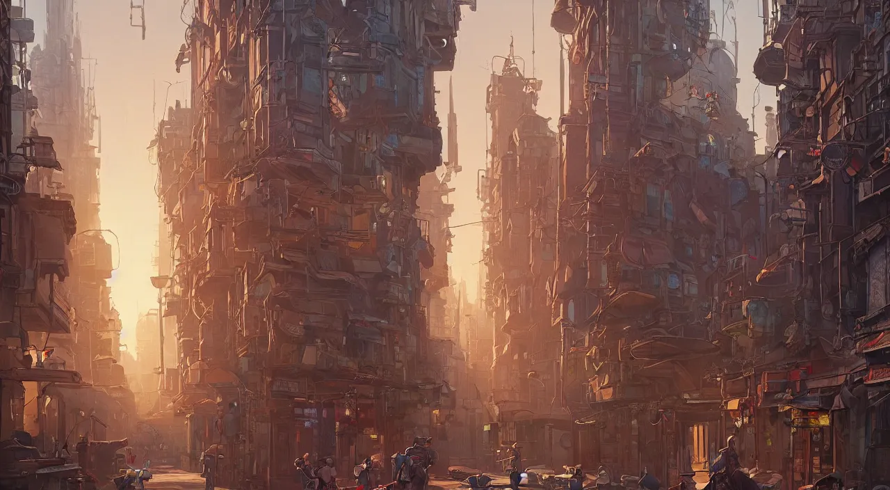 Image similar to an street level painting with high detail, ground level, sci - fi colorful victorian megacity at golden hour with sharp shadows by tyler edlin and sparth, 4 k, vray, art nouveau influences. roger deakins, cinematic cinematography.