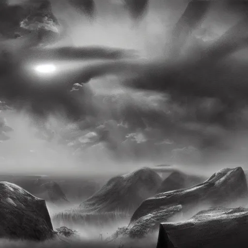 Image similar to the coming of a new age, black and white matte painting