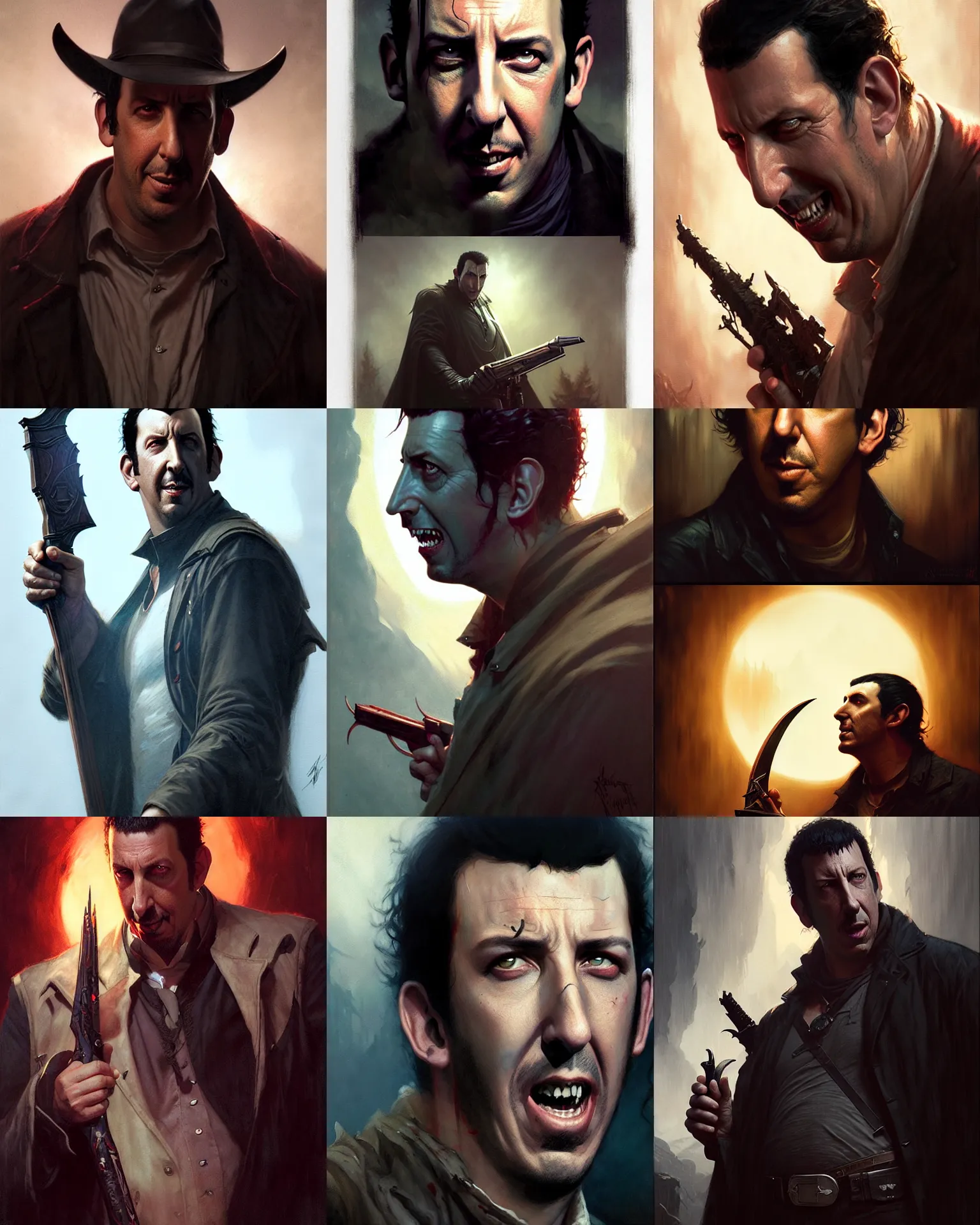 Prompt: adam sandler vampire hunter, fine details, realistic shaded lighting poster by greg rutkowski, magali villeneuve, artgerm, jeremy lipkin and michael garmash and rob rey