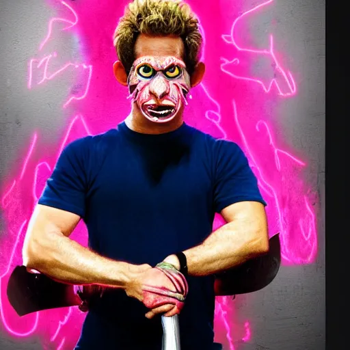 Image similar to dennis reynolds wearing half of a jason hokey mask. pink and blue neon with red and black letters in neon font that says the golden god butcher knife movie poster