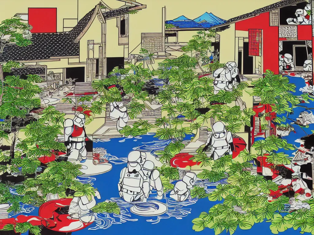 Image similar to detailed composition of the japanese home with a garden and a pond, 2 stormtroopers sitting around it, pop - art style, jacky tsai style, andy warhol style, roy lichtenstein style, rich palette, acrylic on canvas