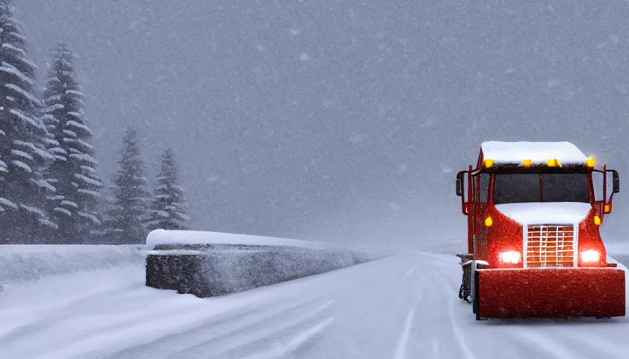 Prompt: A cozy Snowplow! stuck in the heavy snow of a beautiful snowy landscape. A blizzard and heavy snow falls. Fog and mist, highly detailed, concept art, digital art, 4k, high snow