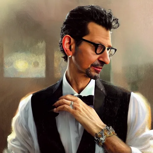 Image similar to hyperrealistic portrait of a man as jeff goldblum touching neck noir white swan dress wearing sapphire jewellery with long feather collar by jeremy mann and alphonse mucha, fantasy art, photo realistic, dynamic lighting, artstation, poster, volumetric lighting, very detailed faces, 4 k, award winning